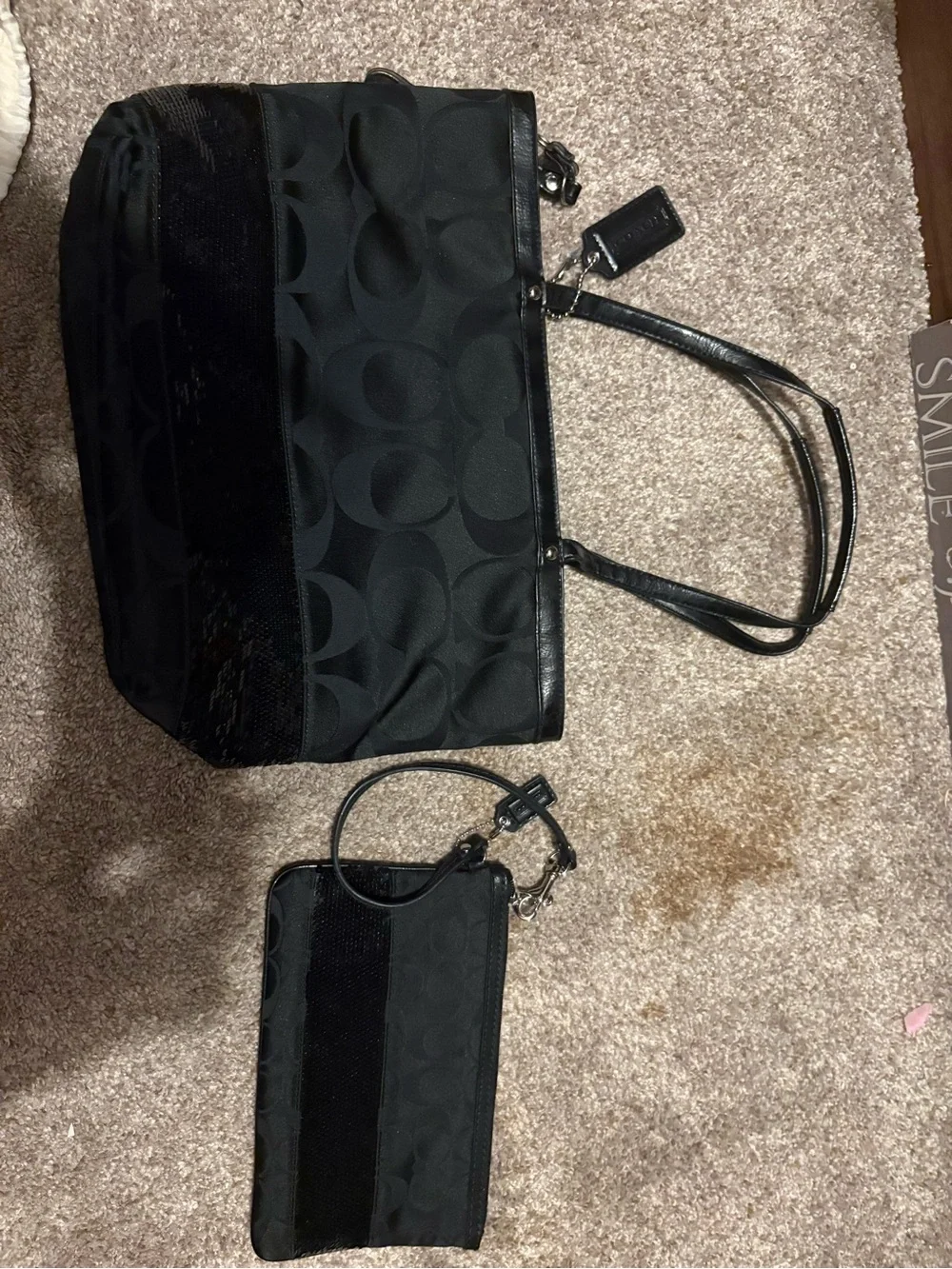 Coach Black Signature Tote with Matching Wristlet Sequin stripe